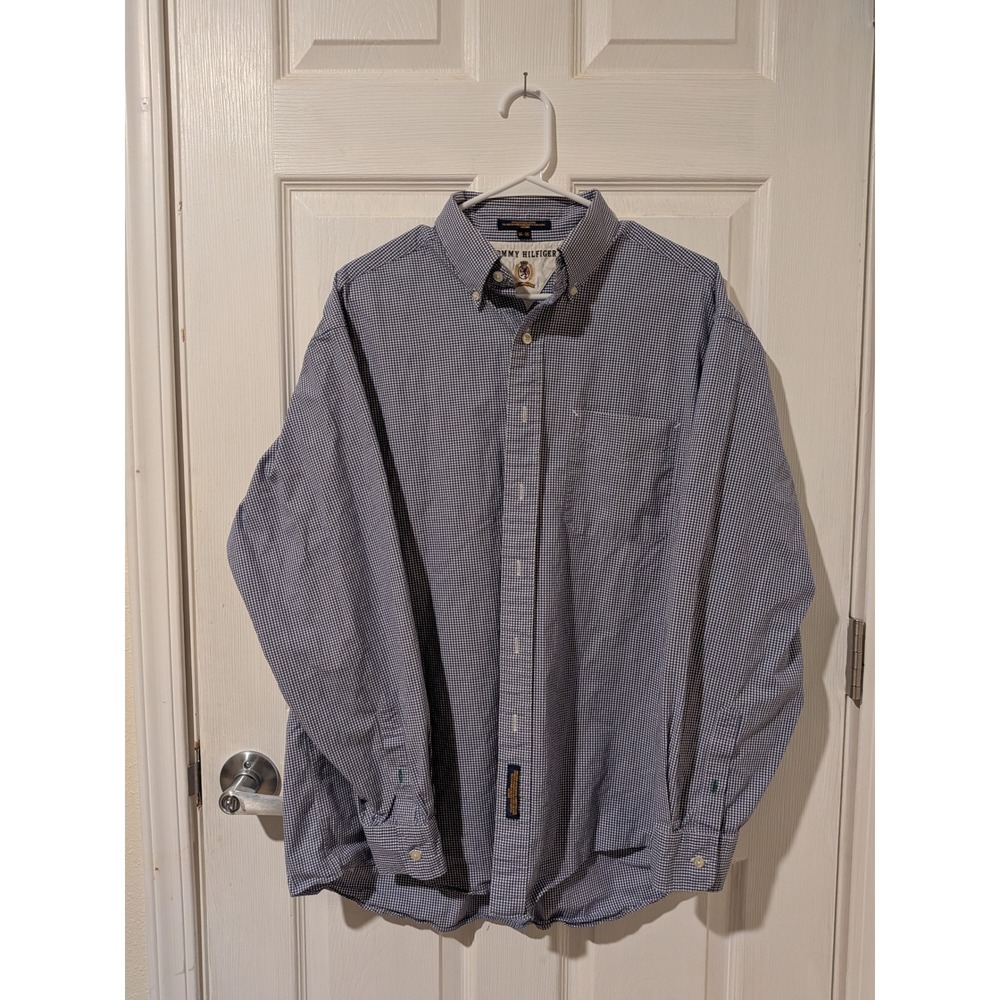 Tommy‎ Hilfiger Mens Blue White Gingham Cotton Button Down Shirt 16-35 L